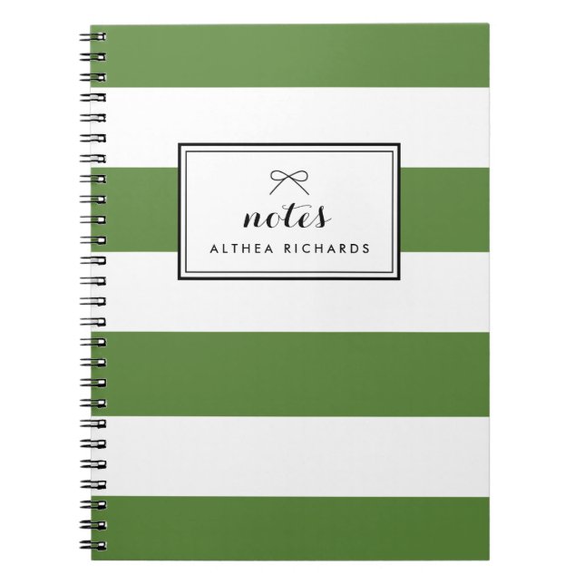 Wite & Green Stripes Pattern Personalised Spiral Notebook (Front)