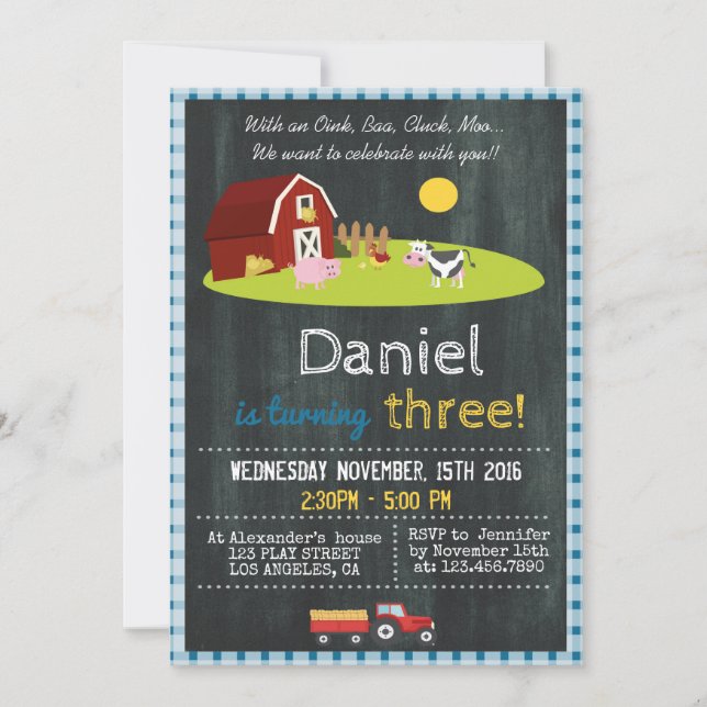 WITH AN OINK, BAA, CLUCK, MOO FARM BIRTHDAY PARTY INVITATION (Front)
