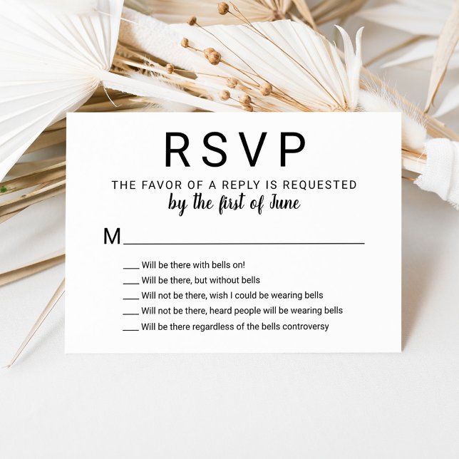 With Bells On Funny Black and White Wedding RSVP Card (Creator Uploaded)