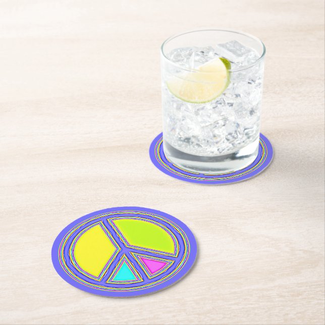 With Colours Filled PEACE Sign 1 Round Paper Coaster (Insitu)