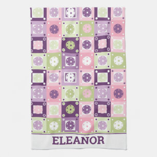 With custom name Green and purple Pickleballs  Tea Towel