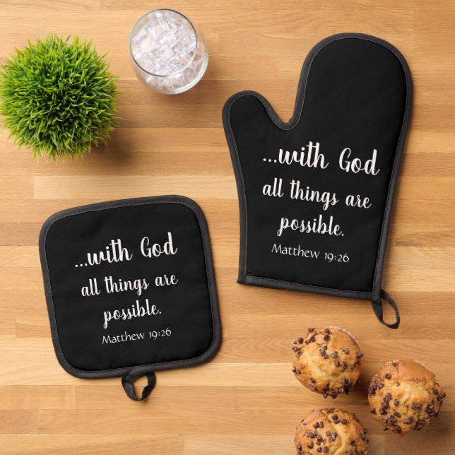 With God All Things Are Possible Black Oven Mitt & Pot Holder Set (Top Down)