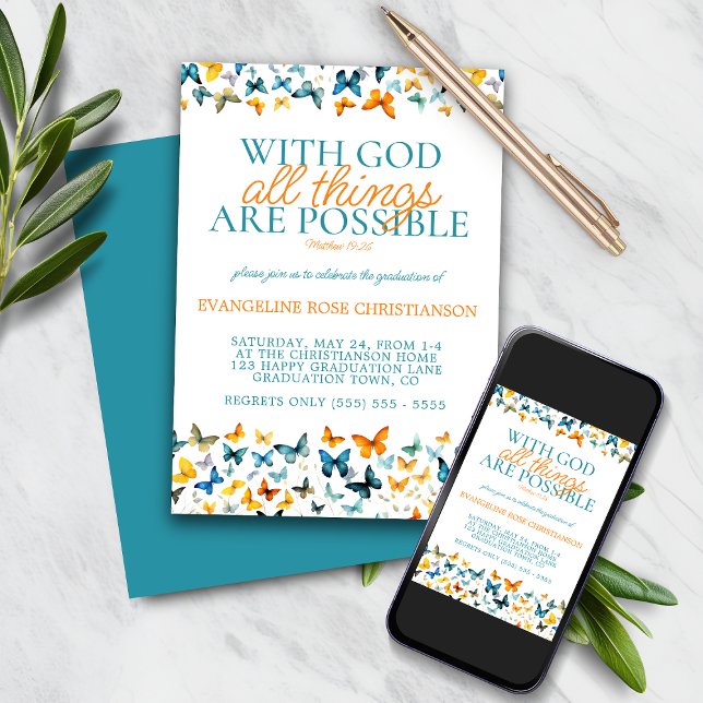 With God All Things are Possible Butterfly Grad  Invitation (Creator Uploaded)