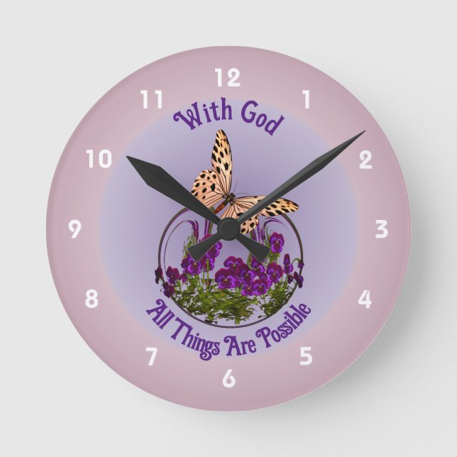 With God Butterfly Flower Art Inspirational  Round Clock (Front)