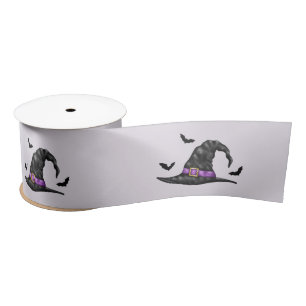 With Hat With Bats On Lilac Background Halloween Satin Ribbon