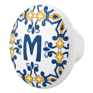 With initial 💛 💙blue and yellow Azulejos  Ceramic Knob