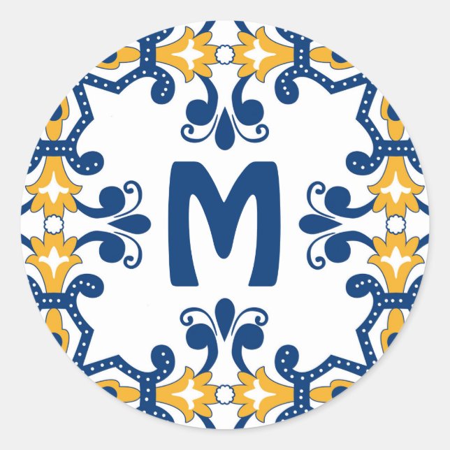 With initial 💛 💙blue and yellow Azulejos  Classic Round Sticker (Front)