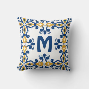 With initial 💛 💙blue and yellow Azulejos, Cushion
