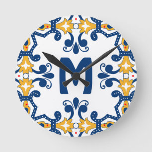 With initial 💛 💙blue and yellow Azulejos Round Clock
