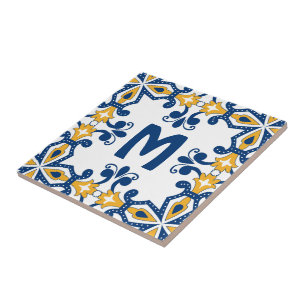 With initial 💛 💙blue and yellow Azulejos Tile