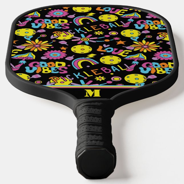 With initial, Groovy, retro 90s, black  Pickleball Paddle (Laydown)