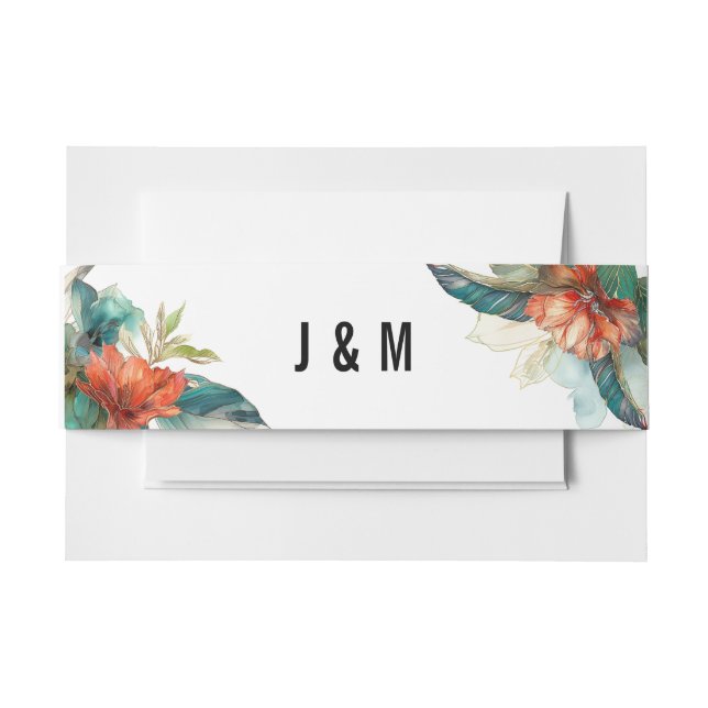 With Initials ✉️Hibiscus Serenade Paradise Invitation Belly Band (Front Example)