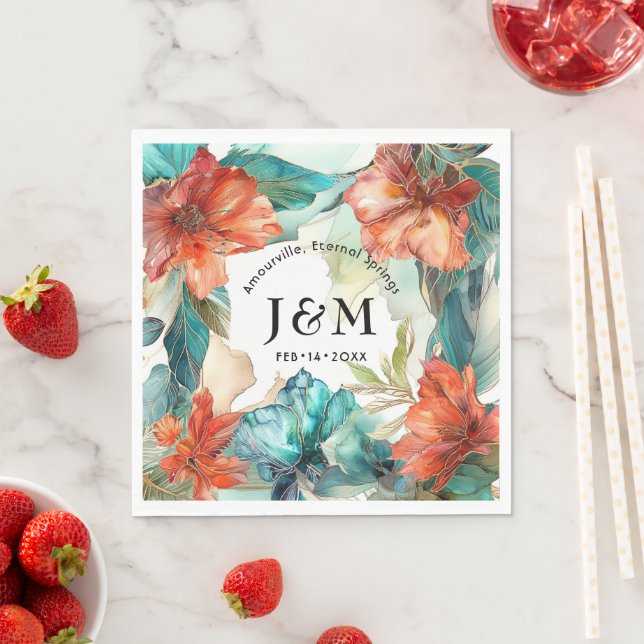 💗With initials Wedding Hibiscus Serenade Paradise Napkin (Insitu)