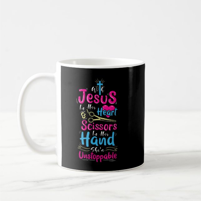 With Jesus In Her Heart And Scissors In Her Hand H Coffee Mug (Left)