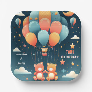 With joint bear Hot Air Balloon Twins 1st Birthday Paper Plate