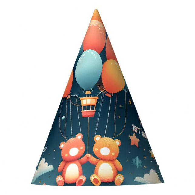 With joint bear Hot Air Balloon Twins 1st Birthday Party Hat (Front)