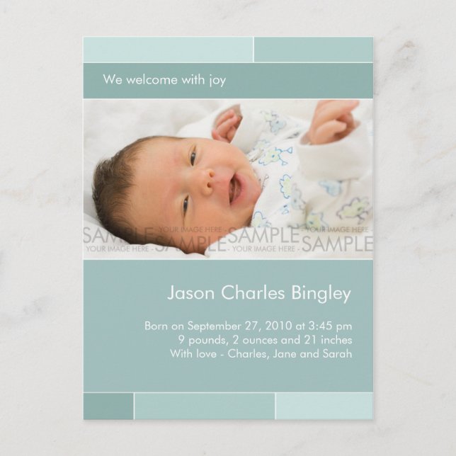 With Joy Blue/Aqua • Baby Announcement Postcard (Front)
