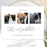 With Love and Gratitude Elegant Wedding Photo Thank You Card<br><div class="desc">Thank your guests with this elegant three photo collage wedding thank you card! Clean and simple white and black design full of elegance and grace. Phrase "with Love and Gratitude" in modern hand written calligraphy. Easy template where you can add your images, Zazzle will do all the work and add...</div>