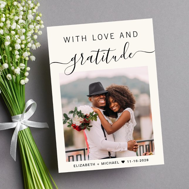 With Love And Gratitude Photo Cream Wedding Thank You Card (Upload a photo reflecting the love and joy of your wedding day)