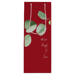With Love, Custom Names Eucalyptus Red Wedding  Wine Gift Bag