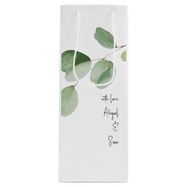 With Love, Custom Names Eucalyptus Wedding  Wine Gift Bag (Front)