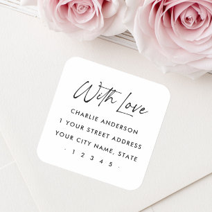With love elegant script return address square sticker