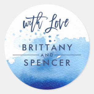 WITH LOVE modern hand lettered blue watercolor Classic Round Sticker