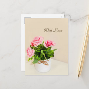 With Love Pink Roses Holiday Postcard
