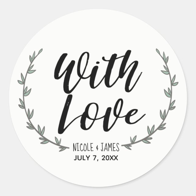 With Love Rustic Greenery Floral Branches Wedding Classic Round Sticker (Front)
