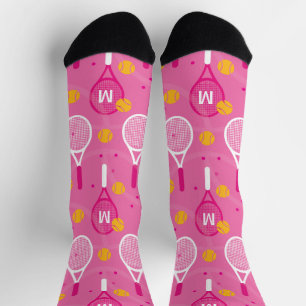 With monogram Pink & white tennis racket pattern Socks