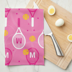 With monogram Pink & white tennis racket pattern Tea Towel