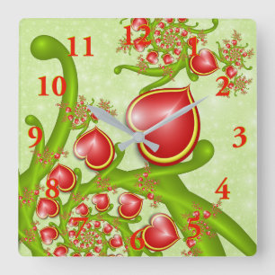 With much Love Red Yellow Hearts Fractal Art Square Wall Clock