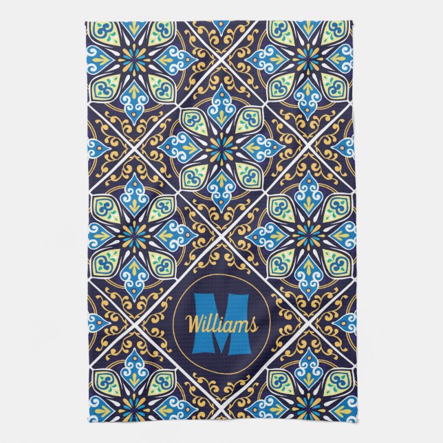 With name and initial Oriental tiles, Azulejos Tea Towel (Vertical)