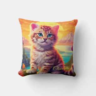 😺With name  Beautiful cat  with sunset Cushion