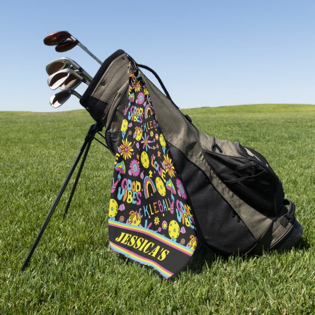 With name, Groovy, retro 90s, black Golf Towel (Green)