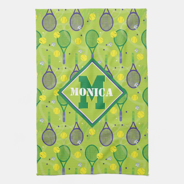 With name & initial, green & purple tennis racket  tea towel (Vertical)