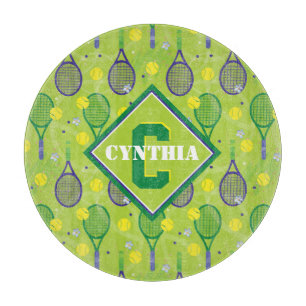 With name & initial, green & purple tennis rackets cutting board