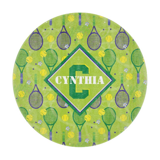 With name & initial, green & purple tennis rackets cutting board (Front)