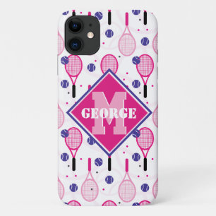 With name & initial, pink & purple tennis rackets Case-Mate iPhone case