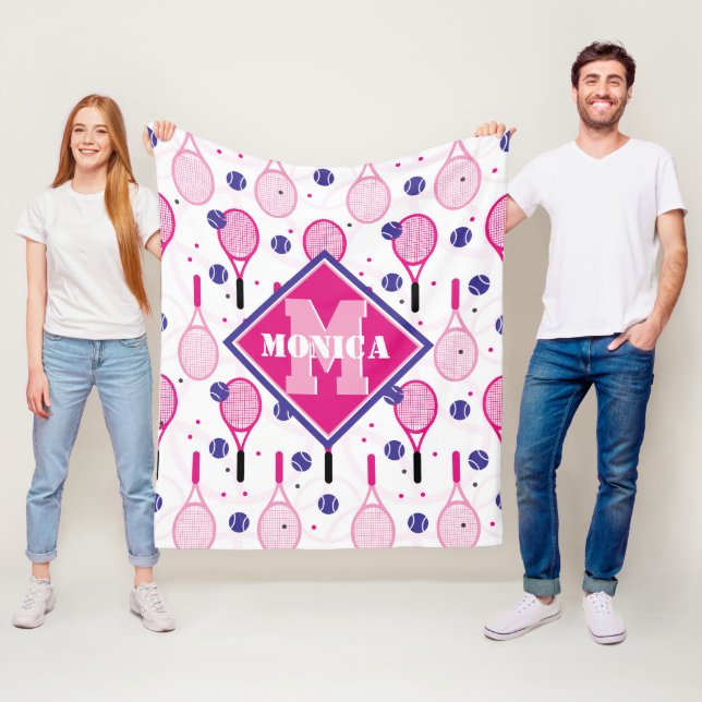 With name & initial, pink & purple tennis rackets fleece blanket (In Situ)