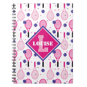With name & initial, pink & purple tennis rackets notebook