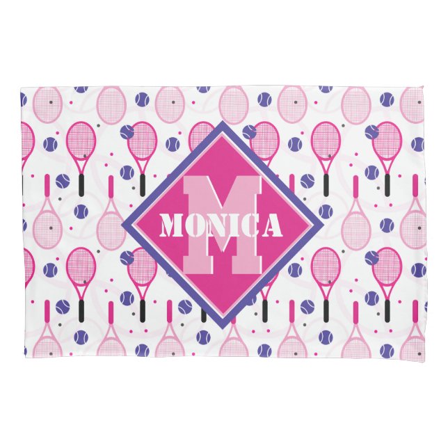 With name & initial, pink & purple tennis rackets  pillowcase (Front)