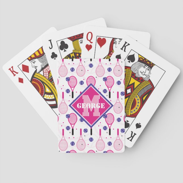 With name & initial, pink & purple tennis rackets playing cards (Back)