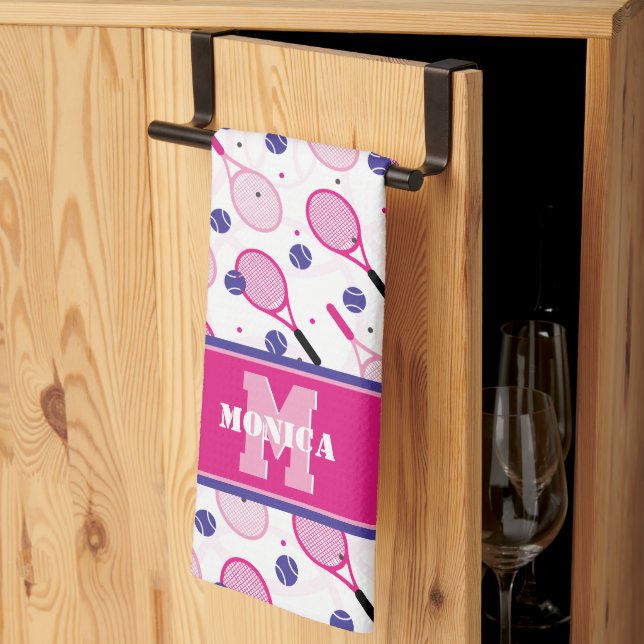 With name & initial, pink & purple tennis rackets tea towel (Thirds Fold)