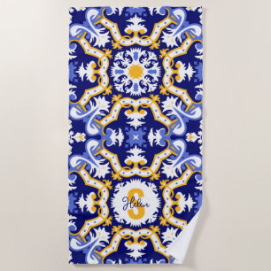 With name💙💛 periwinkle, blue and yellow Azulejos Beach Towel