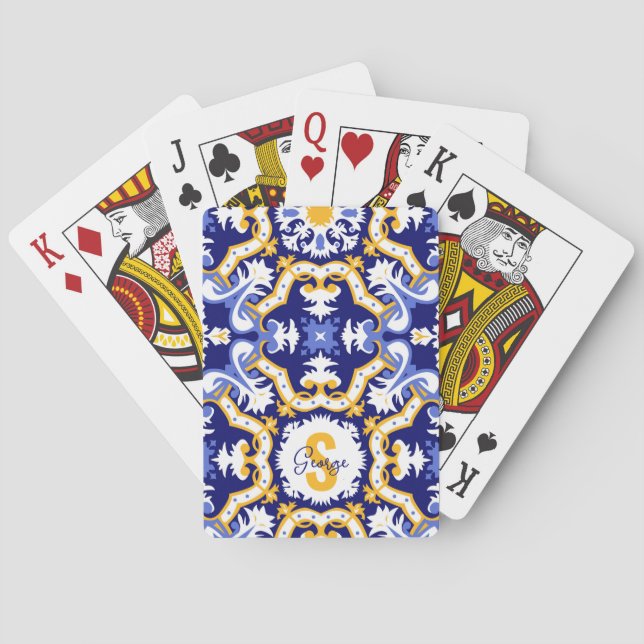 With name💙💛 periwinkle, blue and yellow Azulejos Playing Cards (Back)