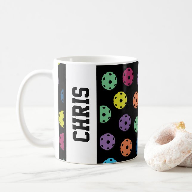 With name Pickleball: more pickleballs on black  Coffee Mug (With Donut)