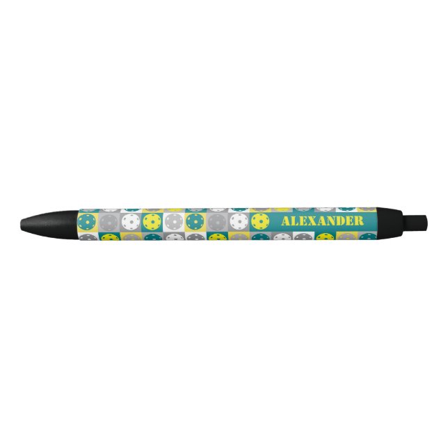 With name Yellow and green  Pickleball Black Ink Pen (Front)