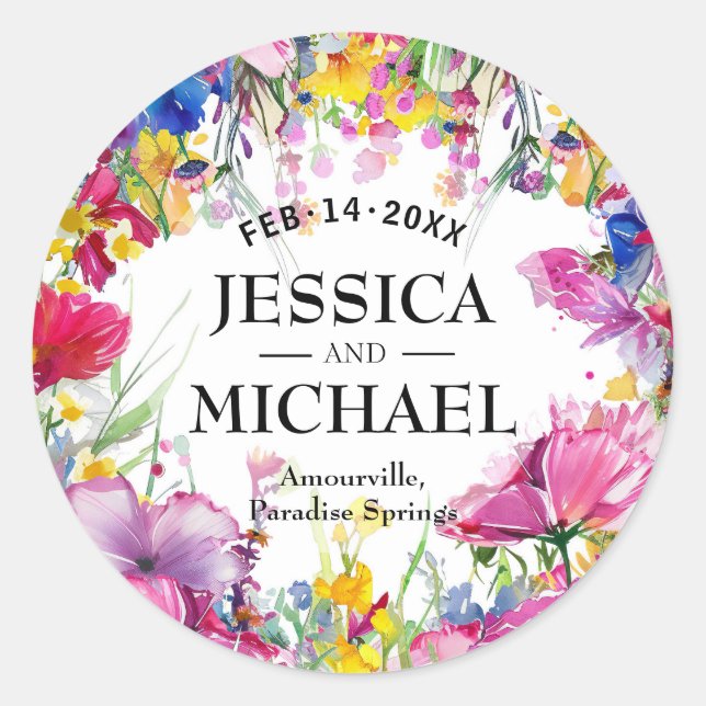 With names Meadow Blooms Bliss Classic Round Sticker (Front)