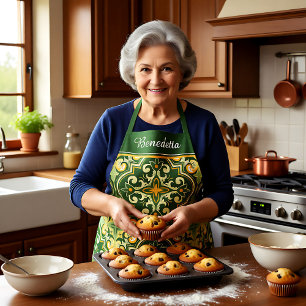 With own name💚💛 olive and yellow Azulejos Apron
